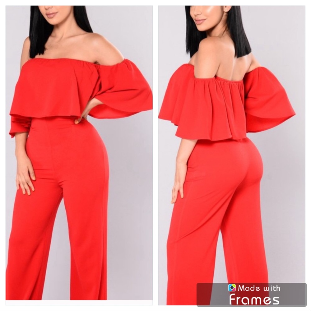 Fashion Nova Off the Shoulder Red Jumpsuit